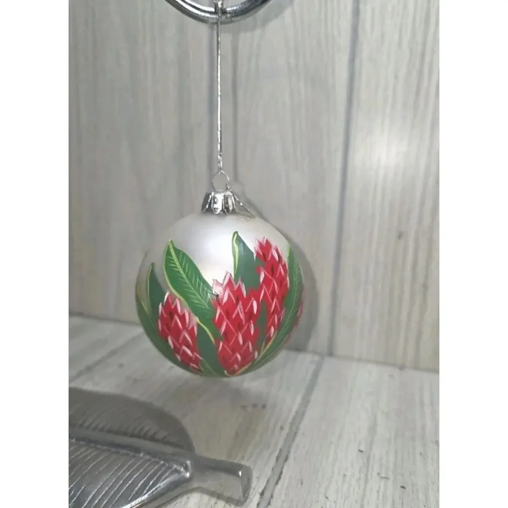 Vintage Hawaiian Native Flower Handpainted Christmas Ornaments Bulbs Set Of 2